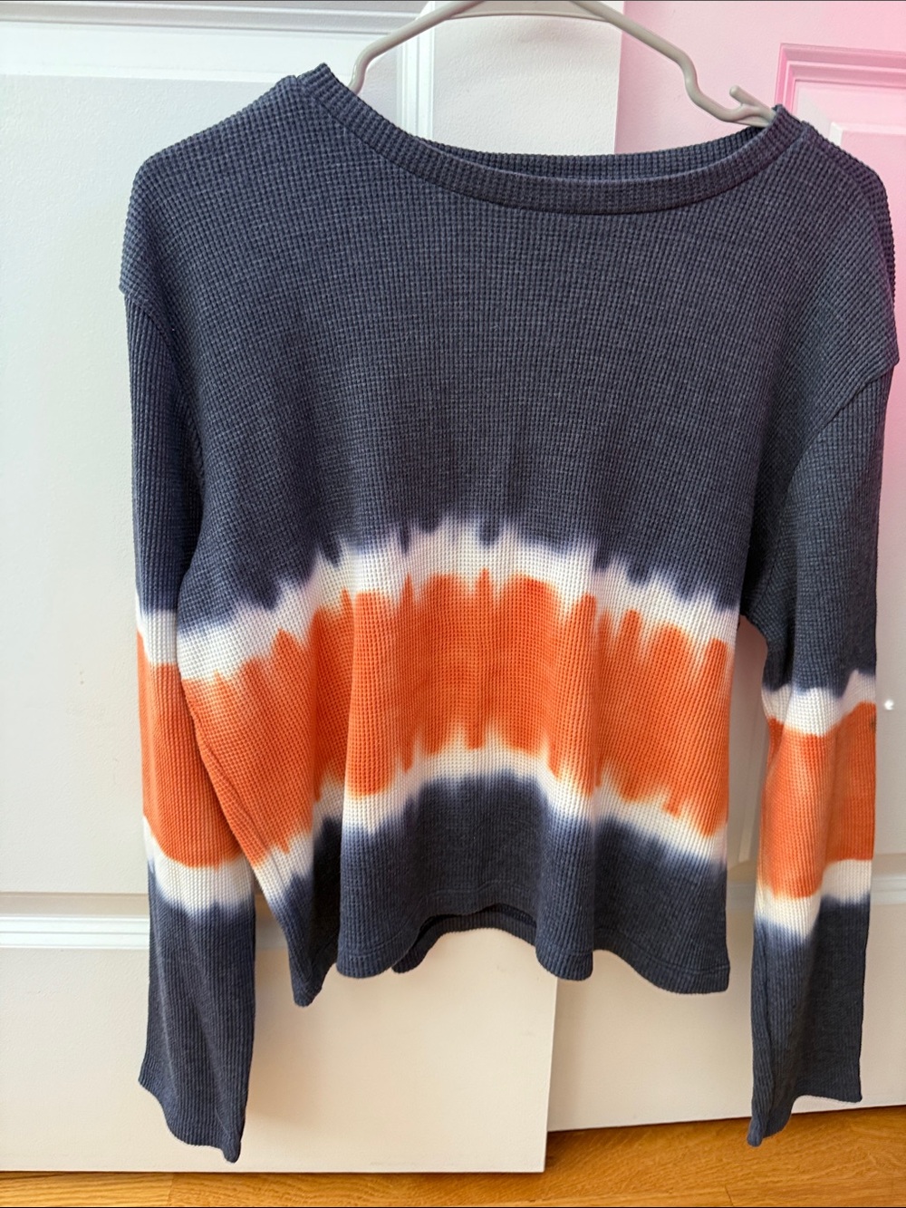 Waffle Knit Tie-Dye Long Sleeve Top in Charcoal and Orange